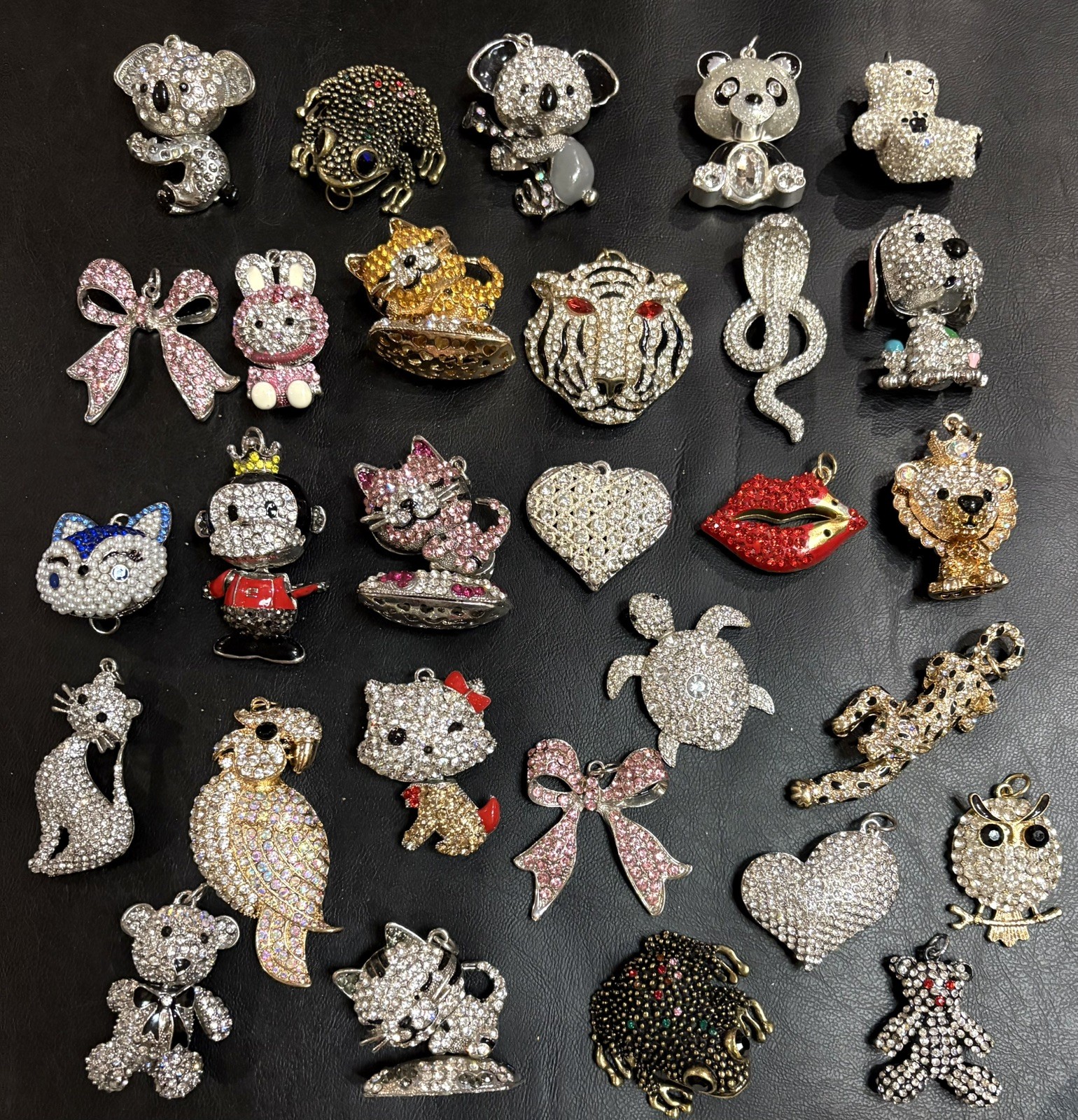 Rhinestone Lot Some Articulated Moveable Cat Tiger Owl Bird Koala Bear Pendants