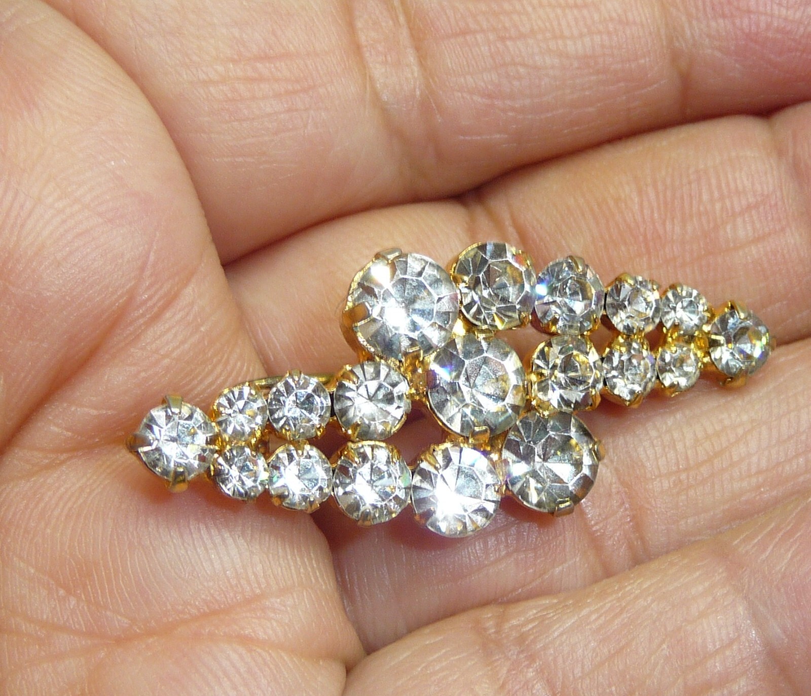 Vintage Gold Tone Clear Rhinestone Brooch Pin Bling USA Seller