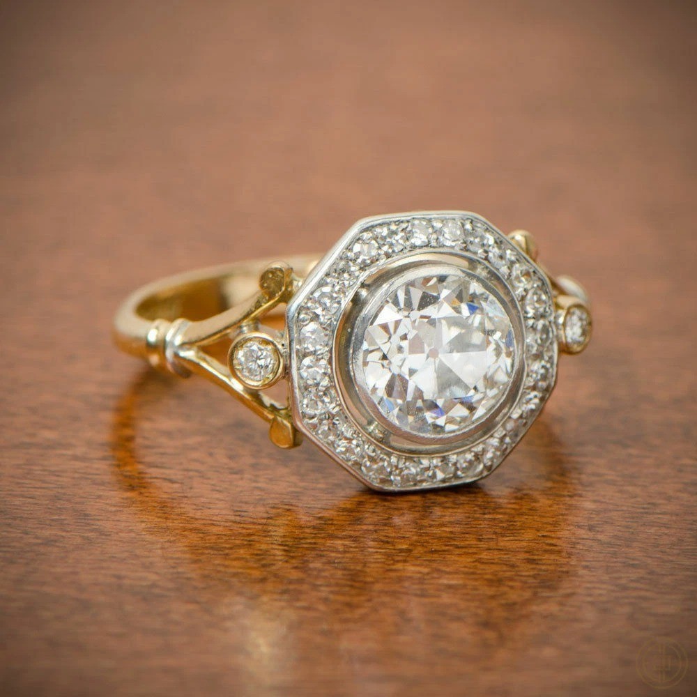 Art Deco Round Lab Created Diamond Wedding Bridal 14K Yellow Gold Finish Ring