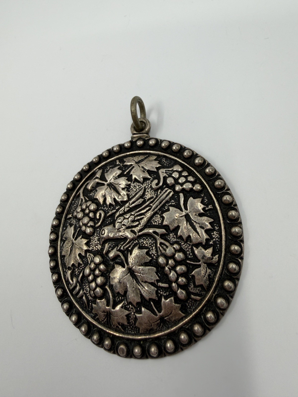 .800Silver Vtg Scandonavian Pendant Intricate Large Bird GrapeCluster Leaf Motif