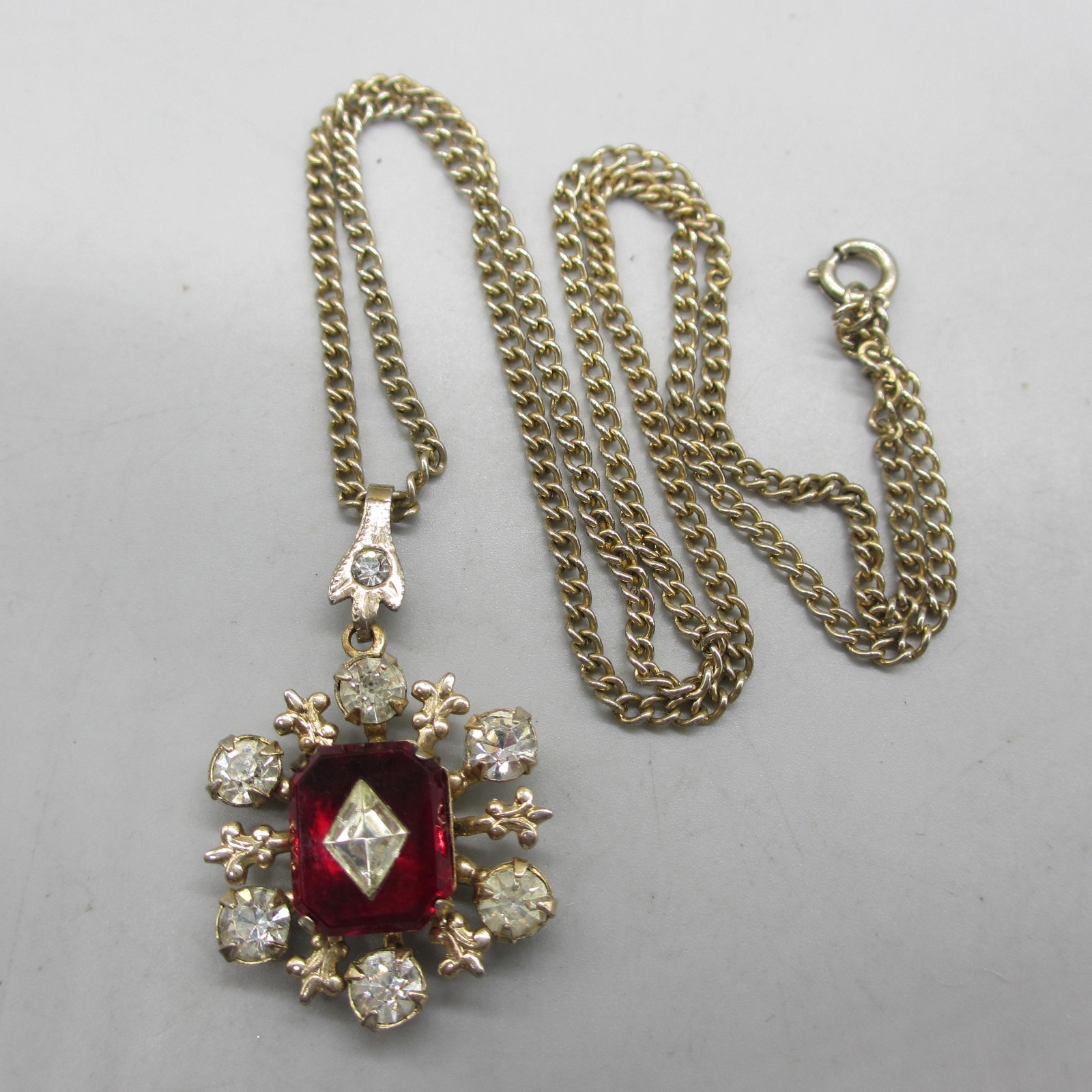 Vintage Rhinestone Pendant Necklace Red Clear Dainty Gold Tone 19 Inch