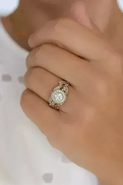 Art Deco Round Cut lab Created Diamond Halo 925 Silver Wedding Engagement Ring