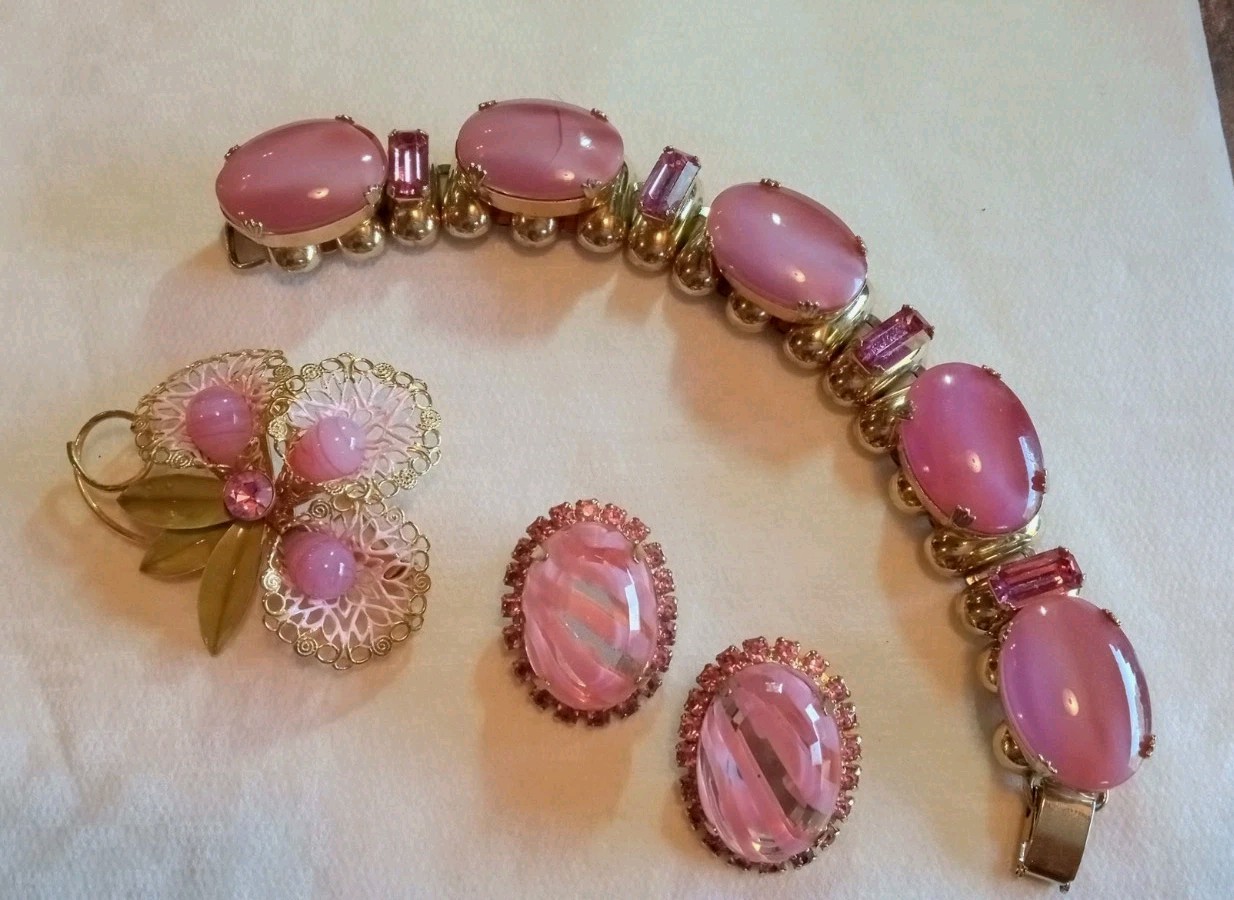 Vintage Pink Glass Costume Brooch, Earrings, Bracelet