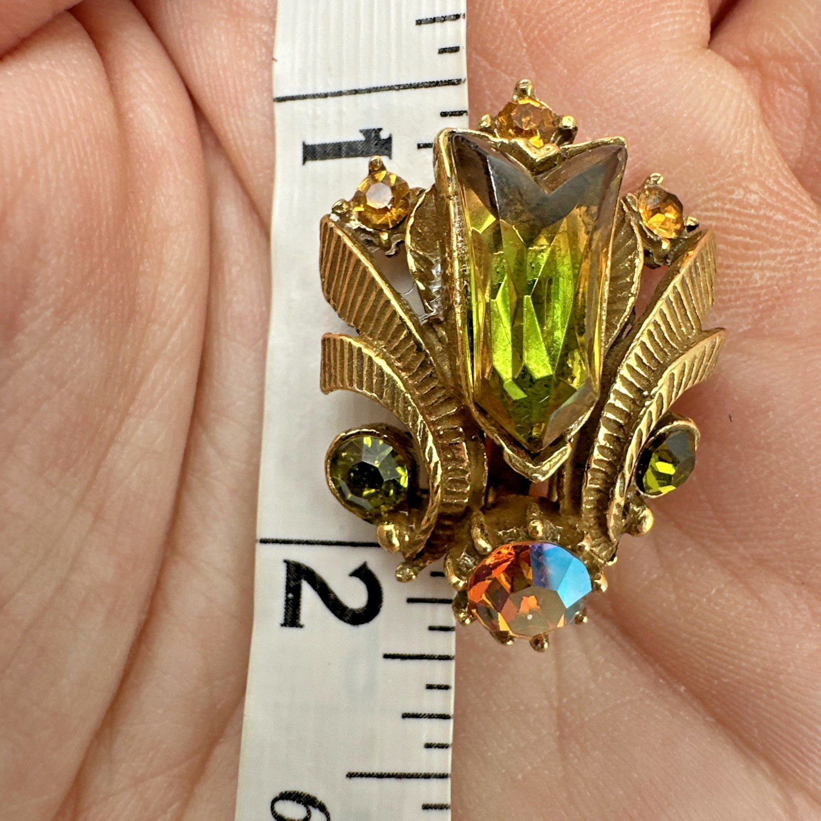 Vintage Florenza Aurora Borealis Earrings Gold Clip AB Rhinestone Art Glass