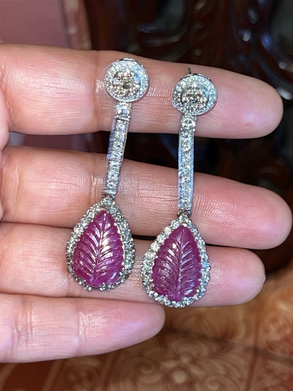 Large 14K Solid Gold Authentic Natural Ruby Diamond Leaf Earrings AGI Certified!