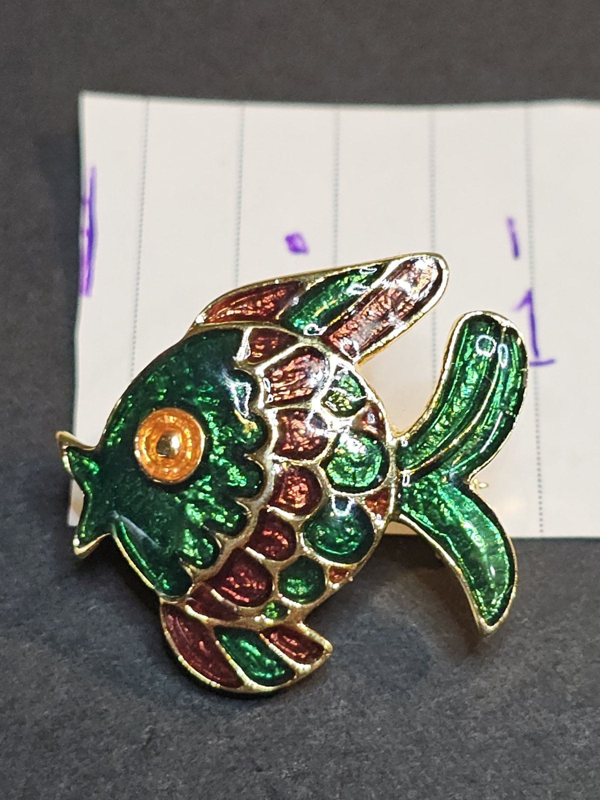 Vintage Ivana Trump Enamel Fish Brooch 1980’s Cloisonne’ Look Teal Purple