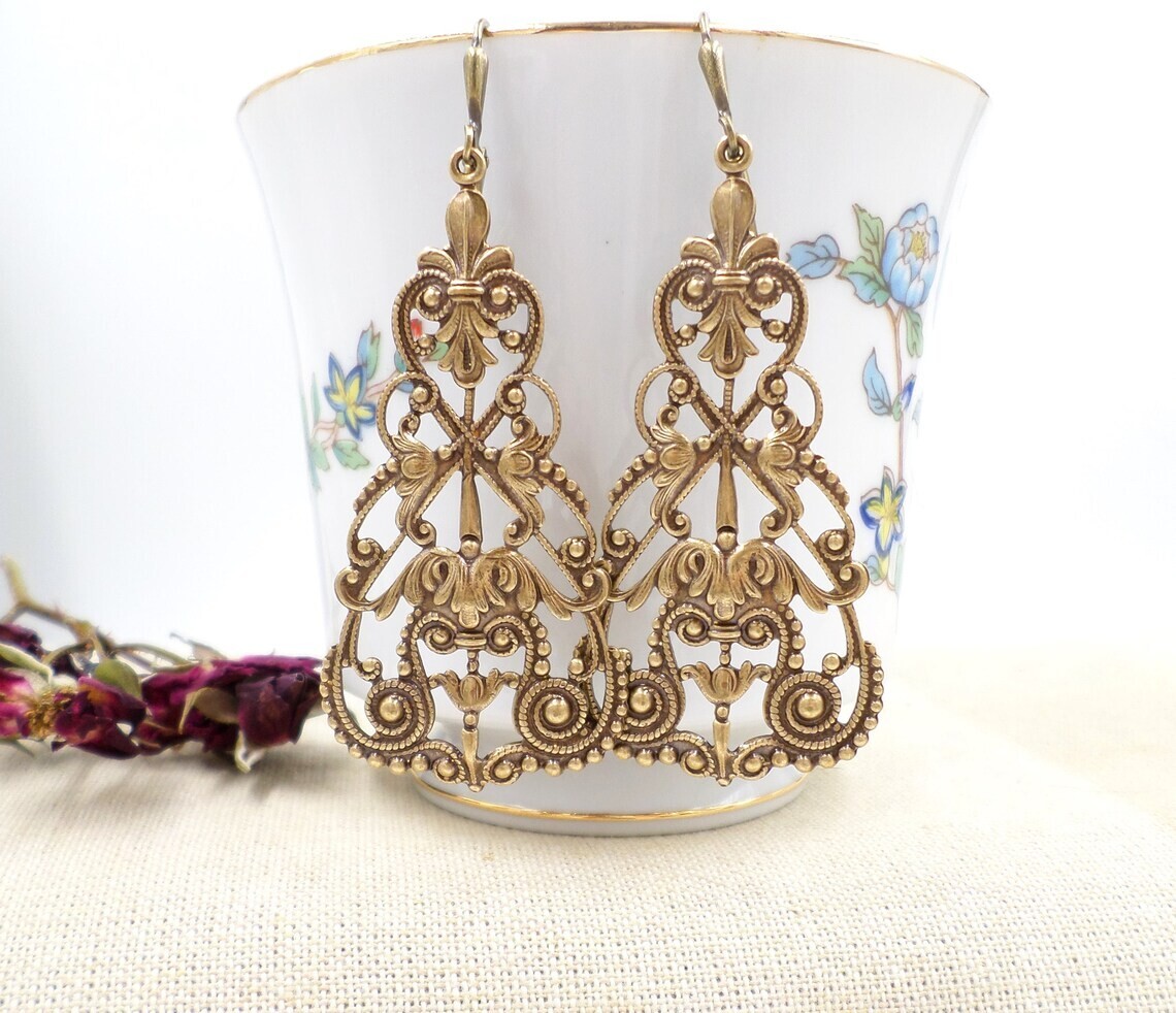 Large Brass Filigree Statement Earrings, Victorian Reproduction Jewelry, Tudor