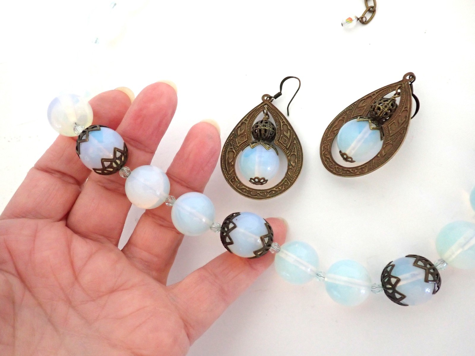 Vintage Light Blue Opaline Glass Bead Necklace Earrings Set Bohemian Deco Style
