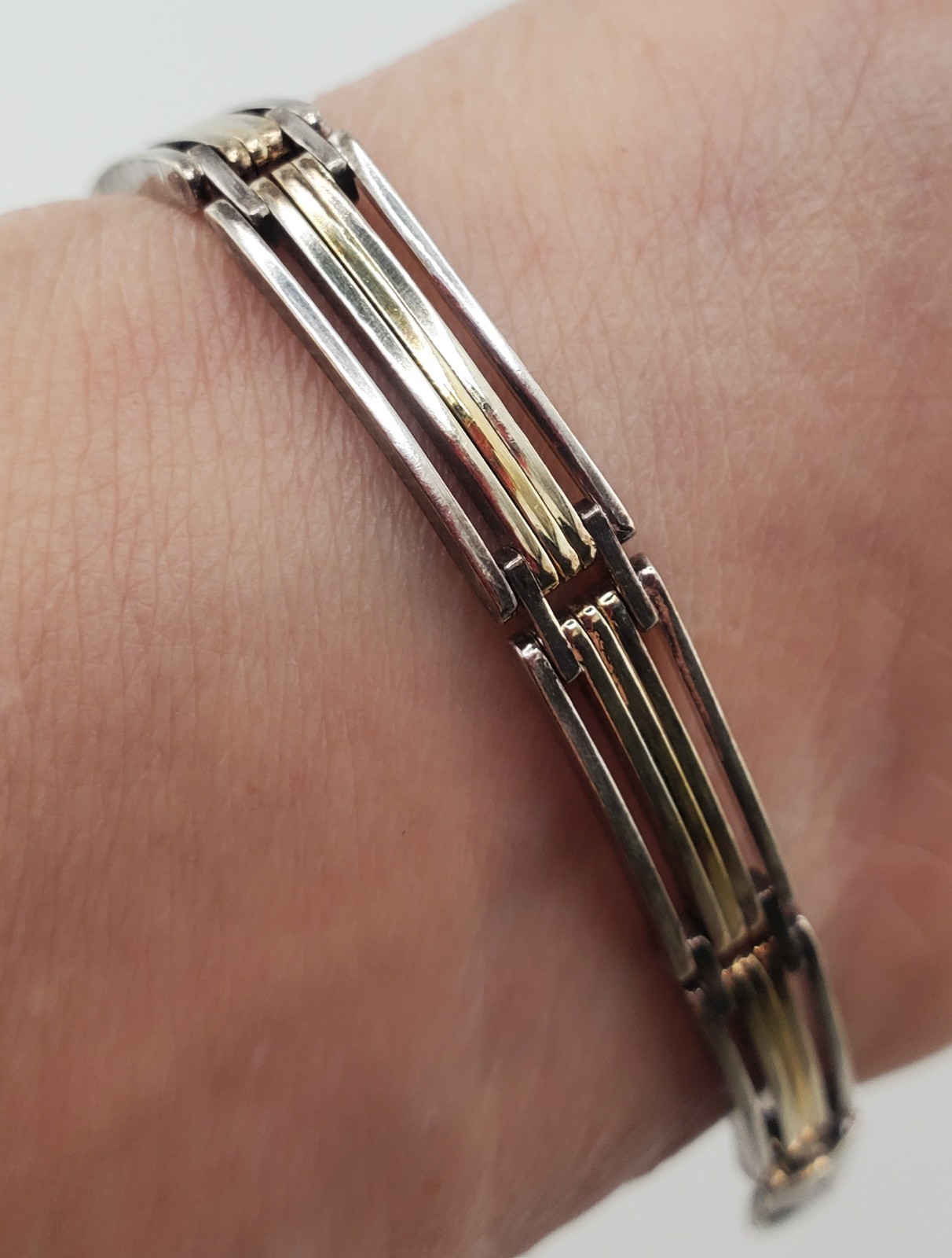 925 KI Two Tone Bar Link Bracelet 7in Unisex Sterling Silver 15g Vermeil Italy