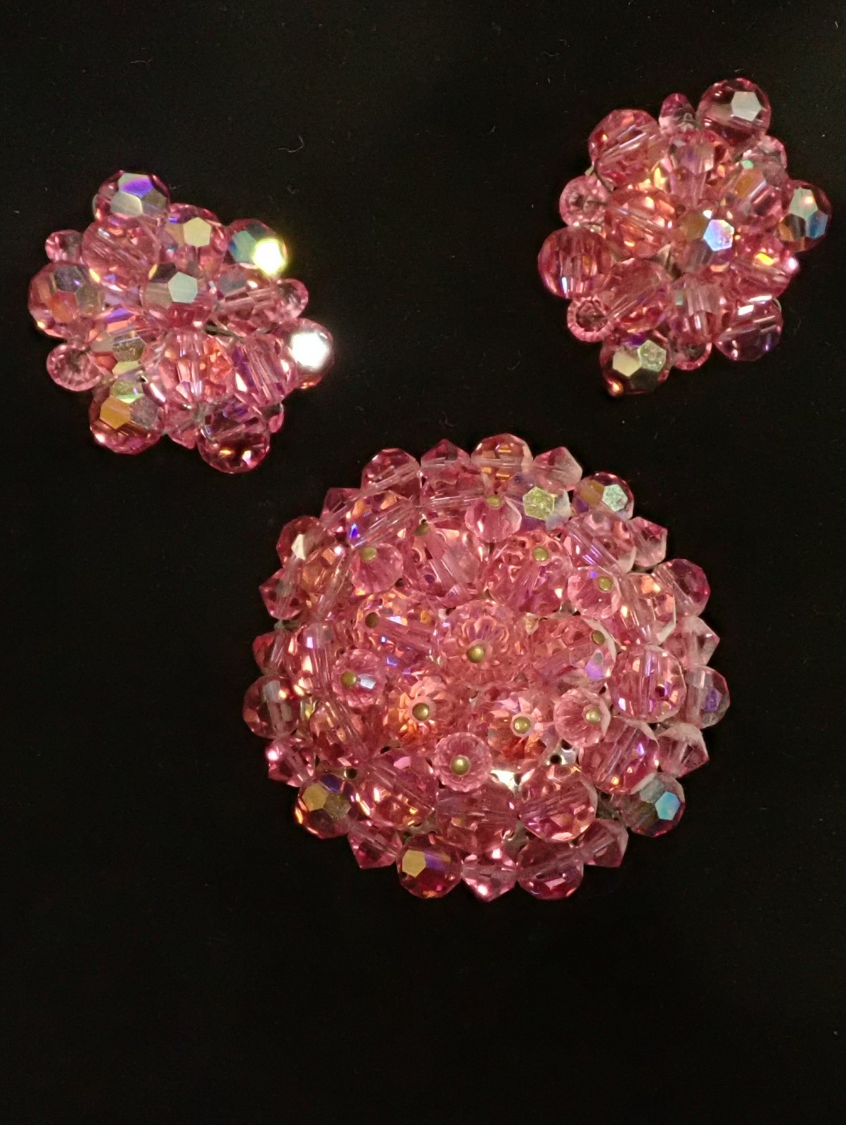 Vntg Brooch & Clip-on Earrings, Pink Aurora Borealis Crystal, Wired, Silver-Tone
