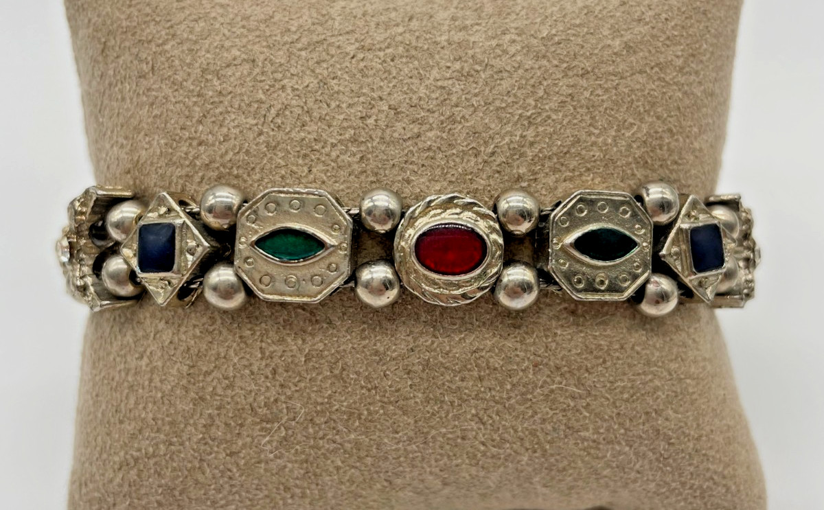 VTG Victorian Revival sliding charm ball bracelet silver tone Rhinestone 7.5″