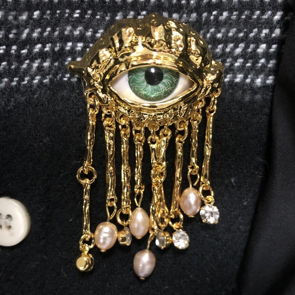Vintage Evil Eye Brooch Pin Tassel Imitation Pearl Women Fashion Jewelry