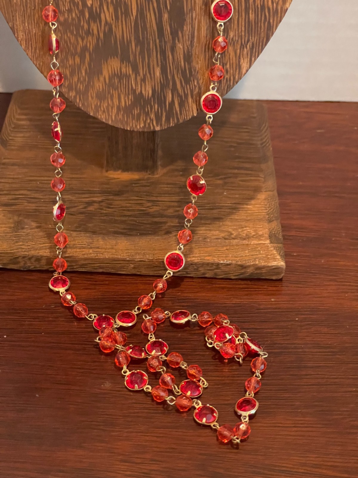 Vintage Long Open Bezel Red Plastic Lucite Necklace Gold Tone Chain