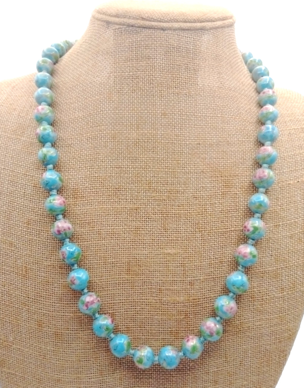 Vintage Hand Painted Faux Cloisonne Porcelain Bead Knotted Necklace Blue 25″