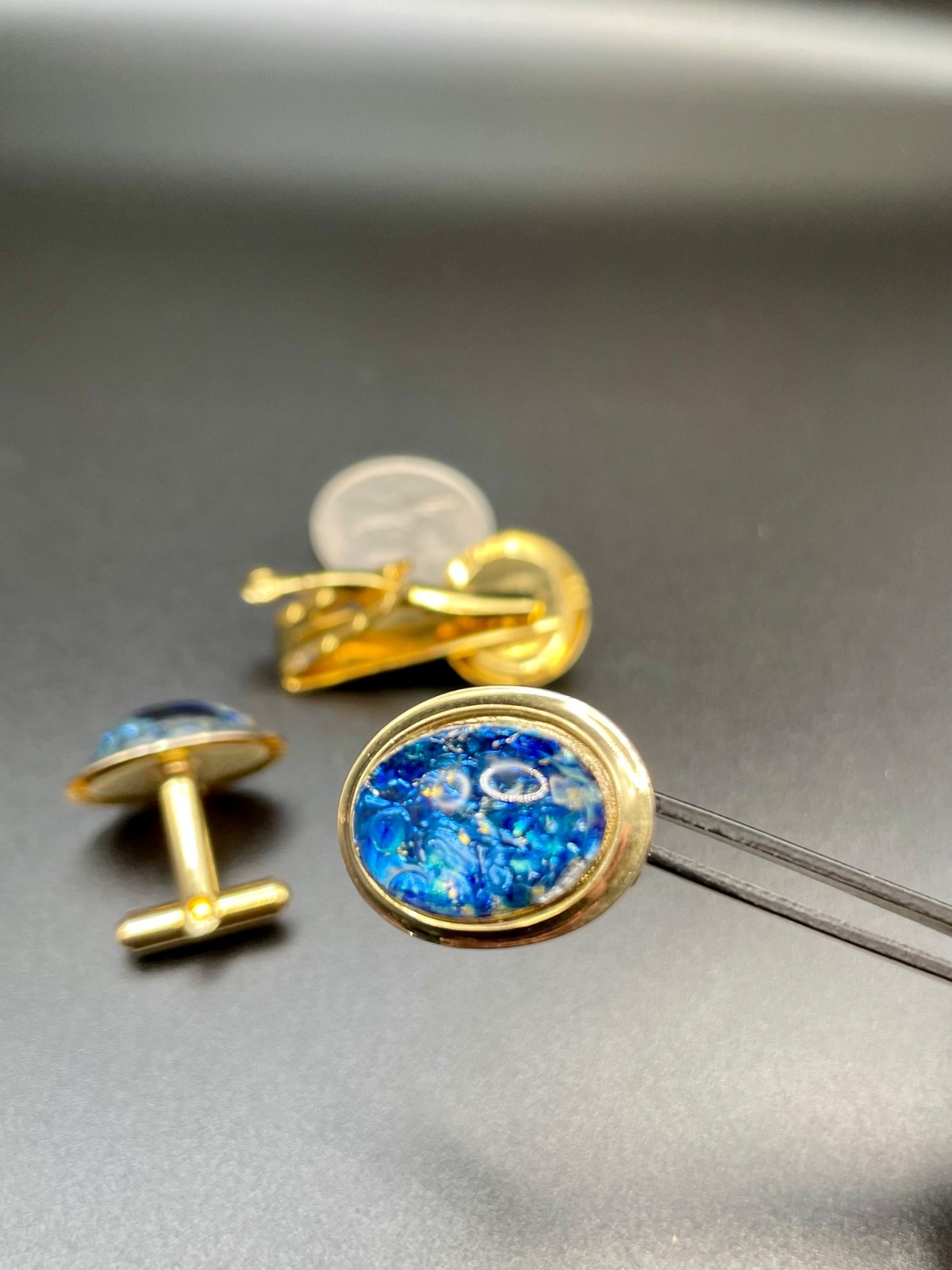 Vintage Blue Foil Art Glass Cufflinks Tie Clip Set Gold Tone Oval MCM 3 Piece