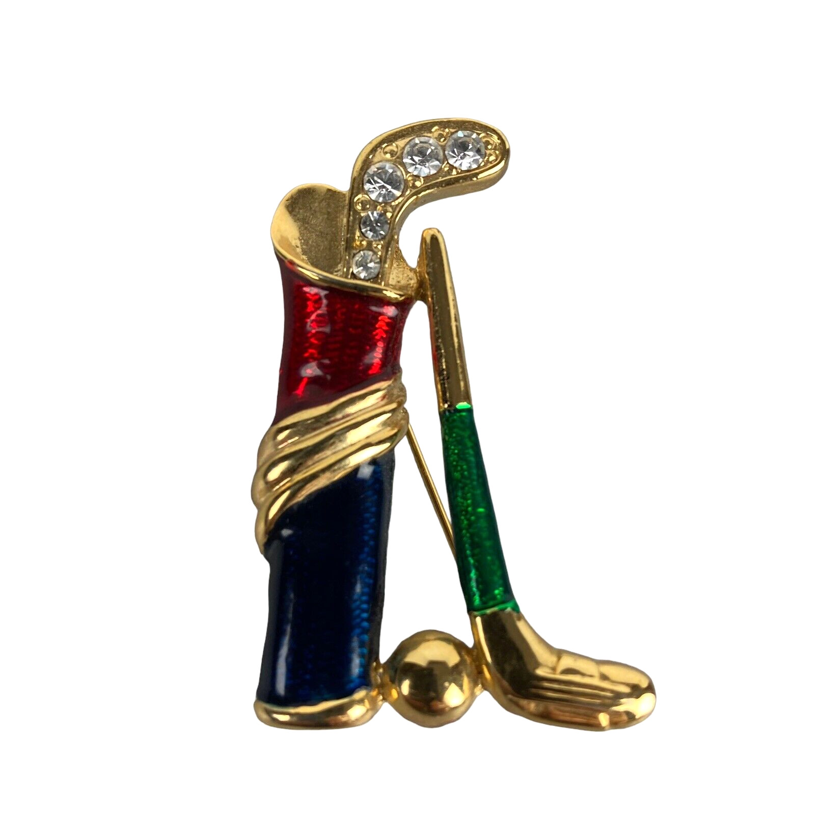 Vintage Red Blue Green Bag of Golf Clubs Rhinestone Crystal Enamel Brooch Pin