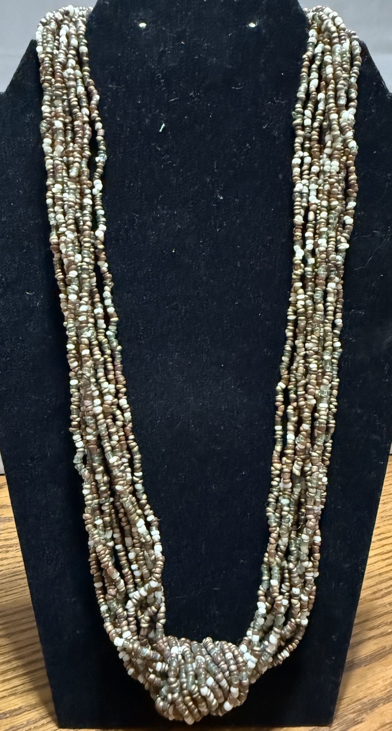 Vintage Multi Strand Seed Bead Necklace Boho Knotted Brown Green Multicolor