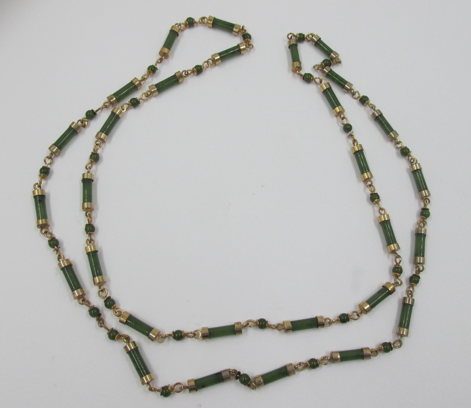Jade Chinese Export Bamboo Cylinder Station Necklace Gold Plated 36″ Vintage