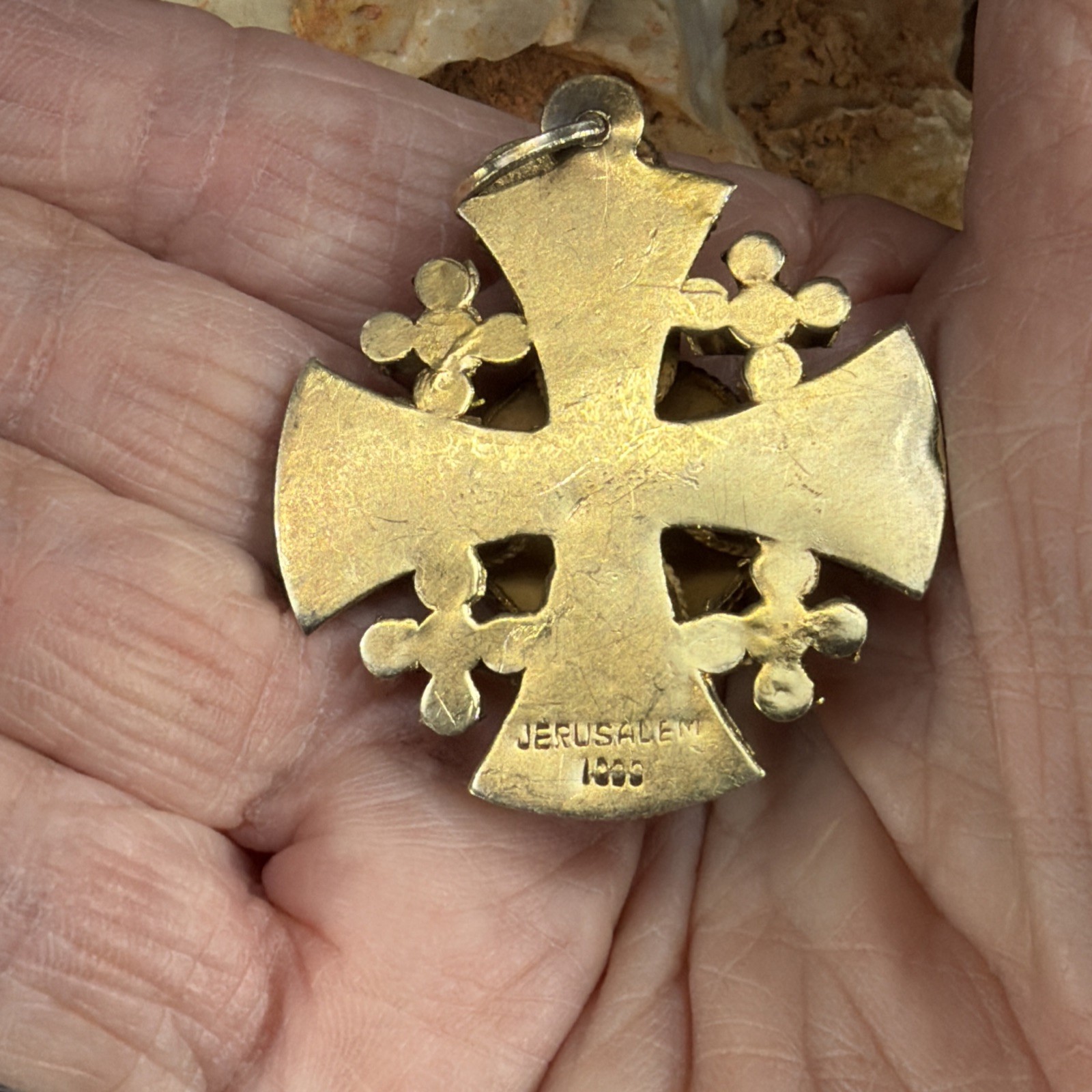 Vintage 1000 Silver Jerusalem Cross Pendant red Stone 14.4 grams 1 5/8″