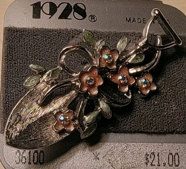 Vintage 1928 Gardening Shovel Brooch With Rhinestones Flowers Jewelry Unused