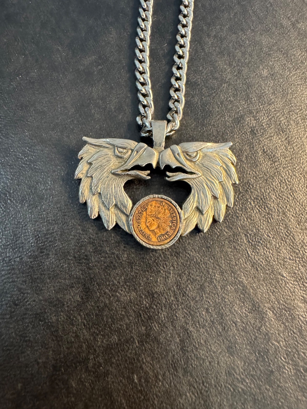 Vintage 1984 Silvertone Double Head Eagle with Indian Head Penny Pendant