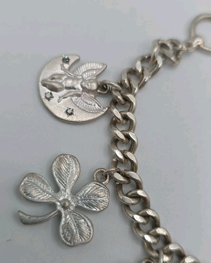 Vintage Silver Tone Chunky Charm Bracelet Heart Key Clover 8″ Cross Love Luck