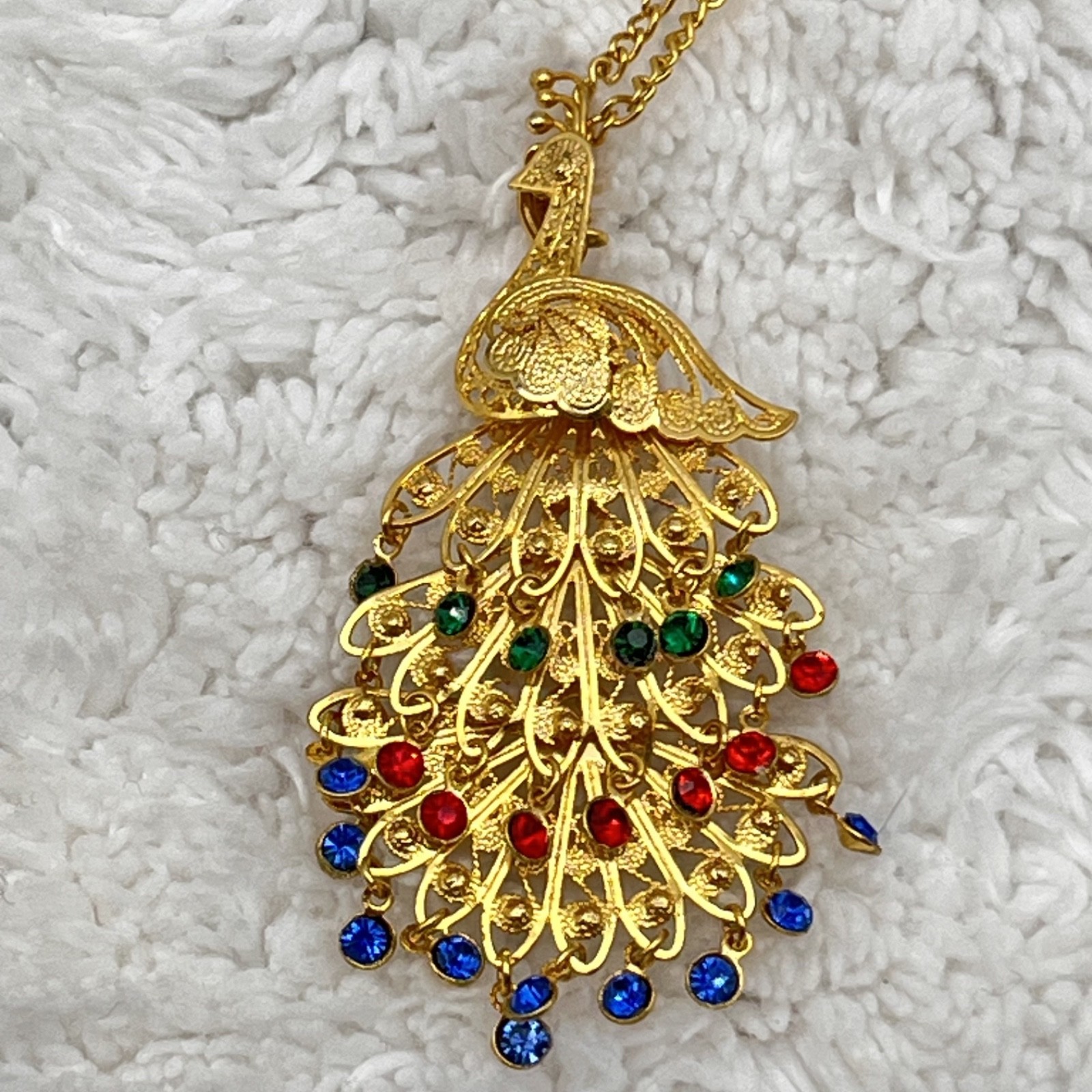 Vintage Peacock Necklace Filigree Pendant Brooch Combo Gold Tone 24″