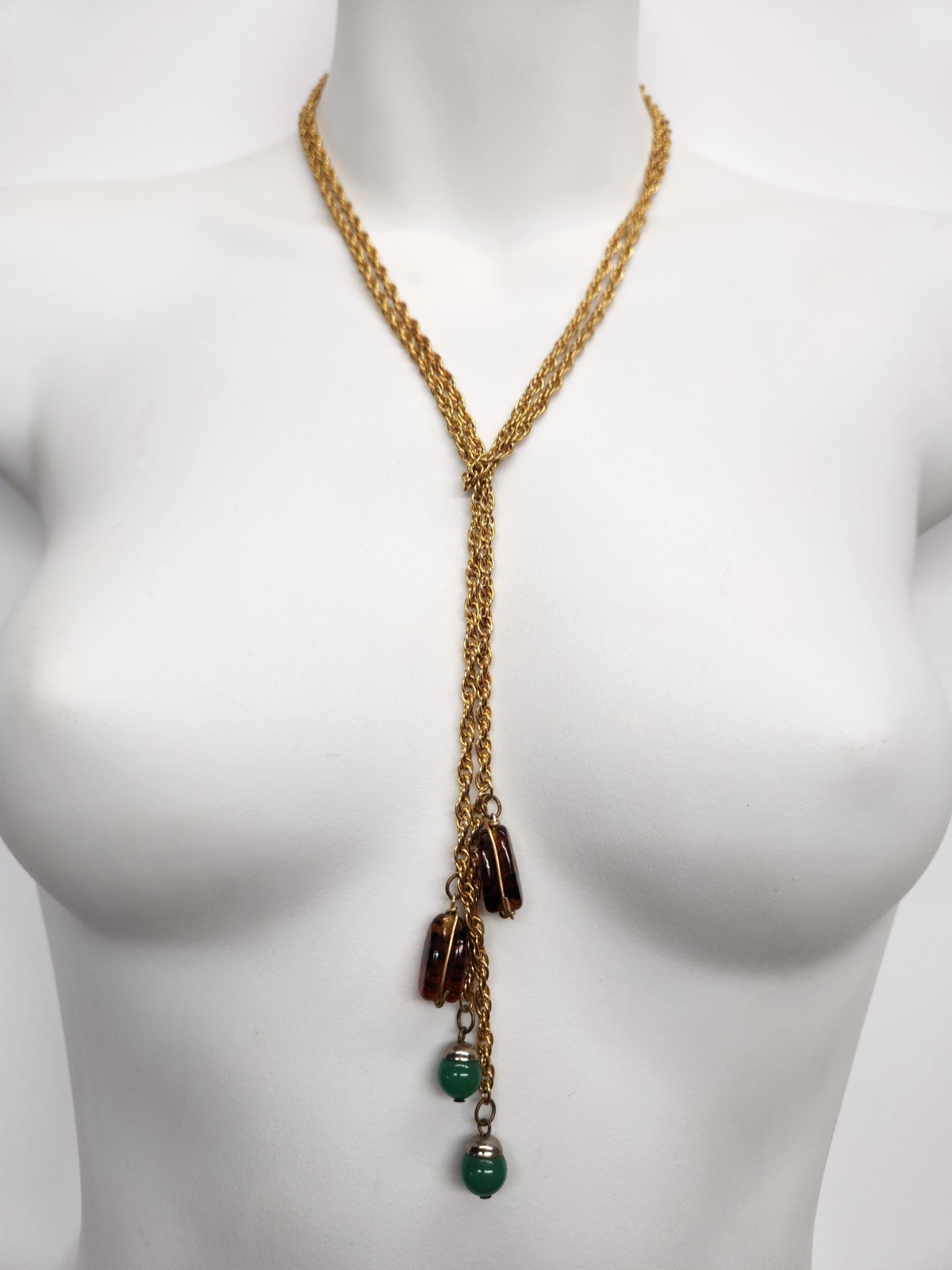 VTG Long Gold Tone Faux Agate & Chrysophase Beads Convertable Lariat Necklace