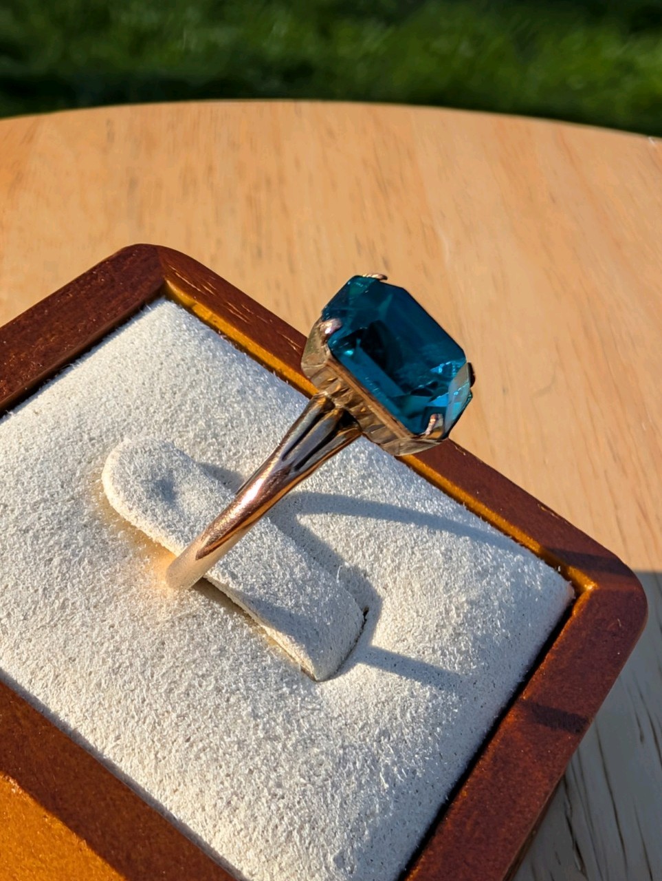 Vintage Teal Emerald Cut Statement Ring Sz 7.5 Art Deco Style Rolled Gold Plated