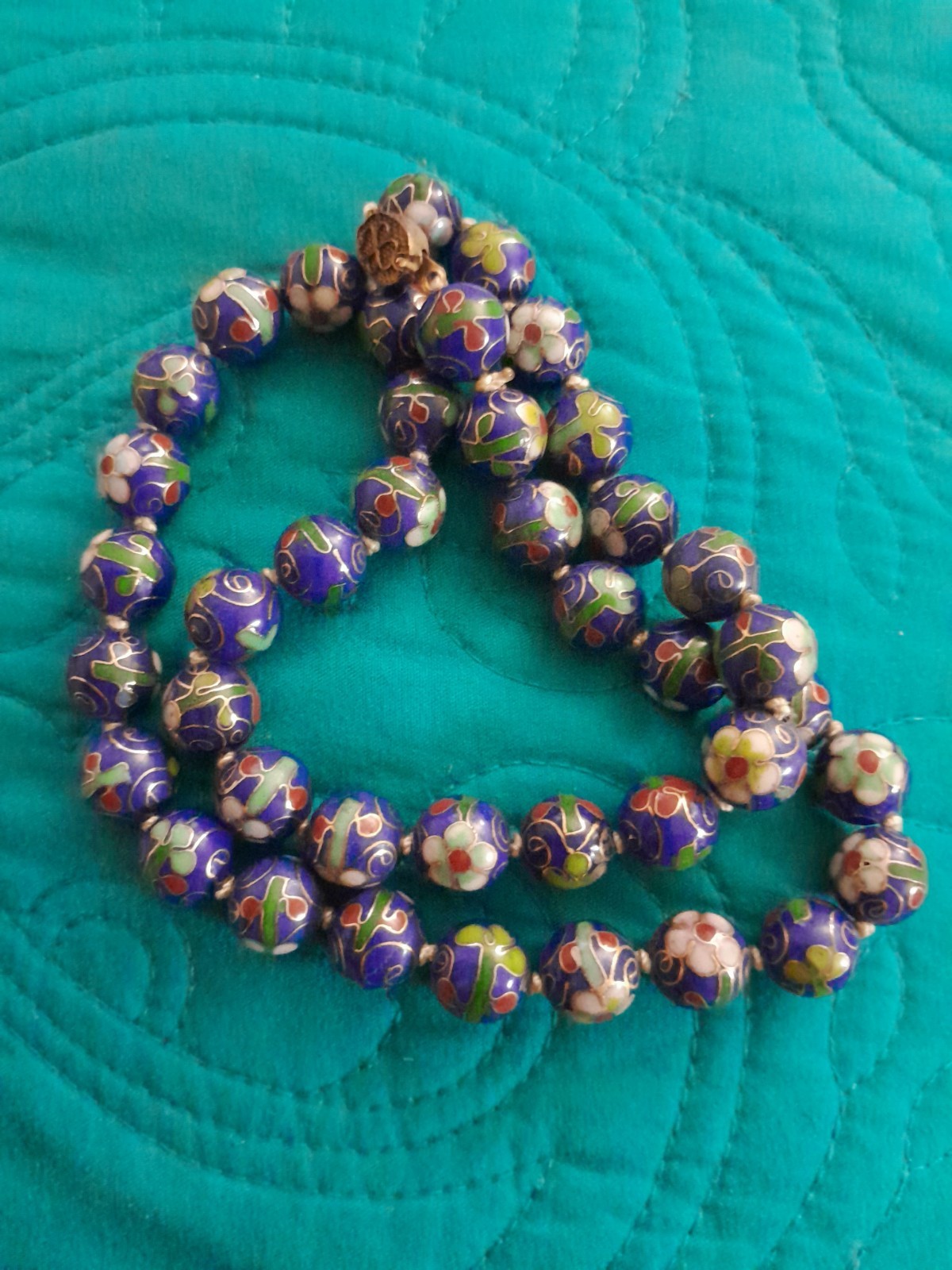 Vintage Chinese Export Cloisonne Blue Floral Enamel Beaded Necklace 19′
