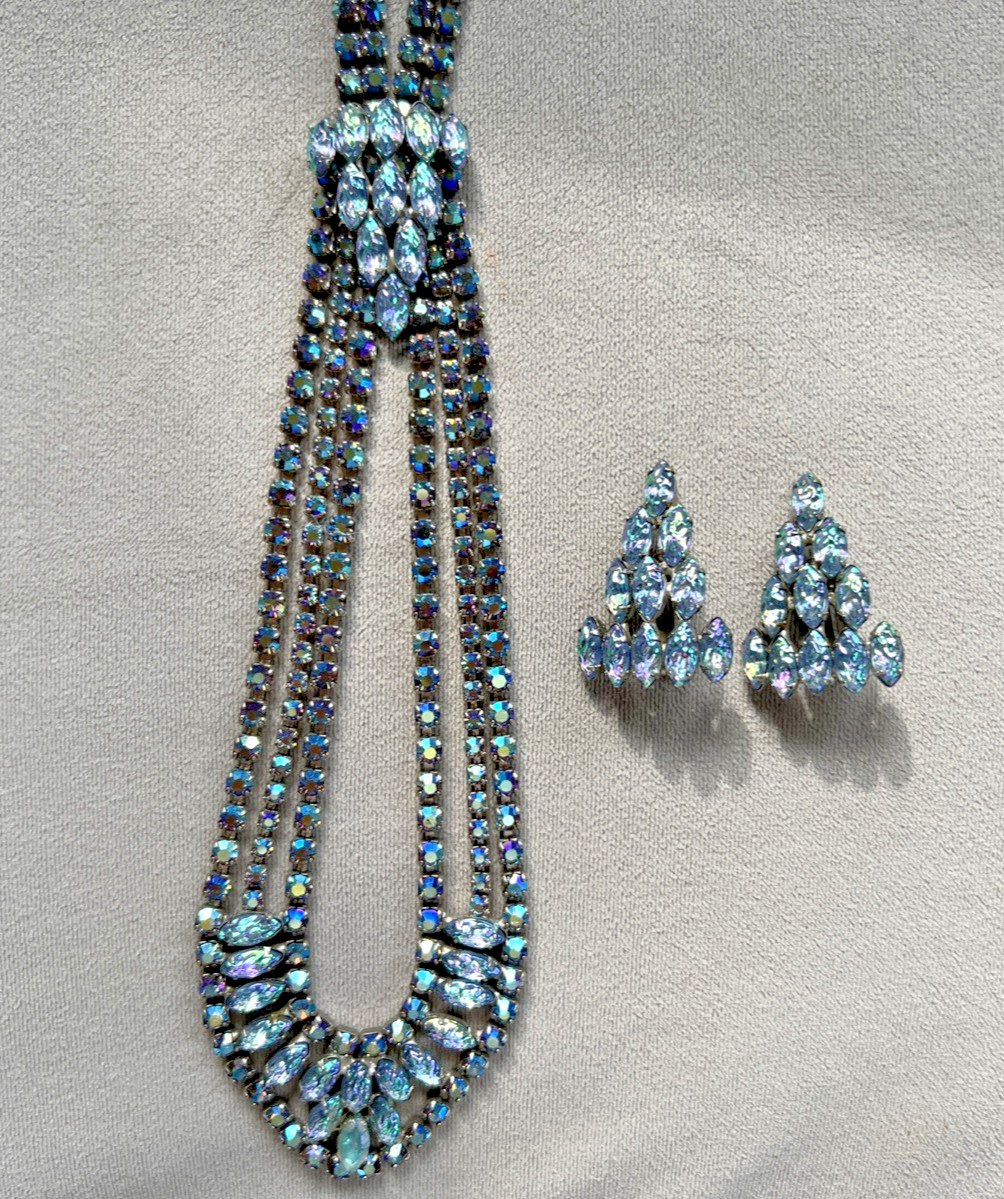VTG. MCM BLUE AURORA BOREALIS RHINESTONE & ART GLASS NECKLACE & EARRING SET
