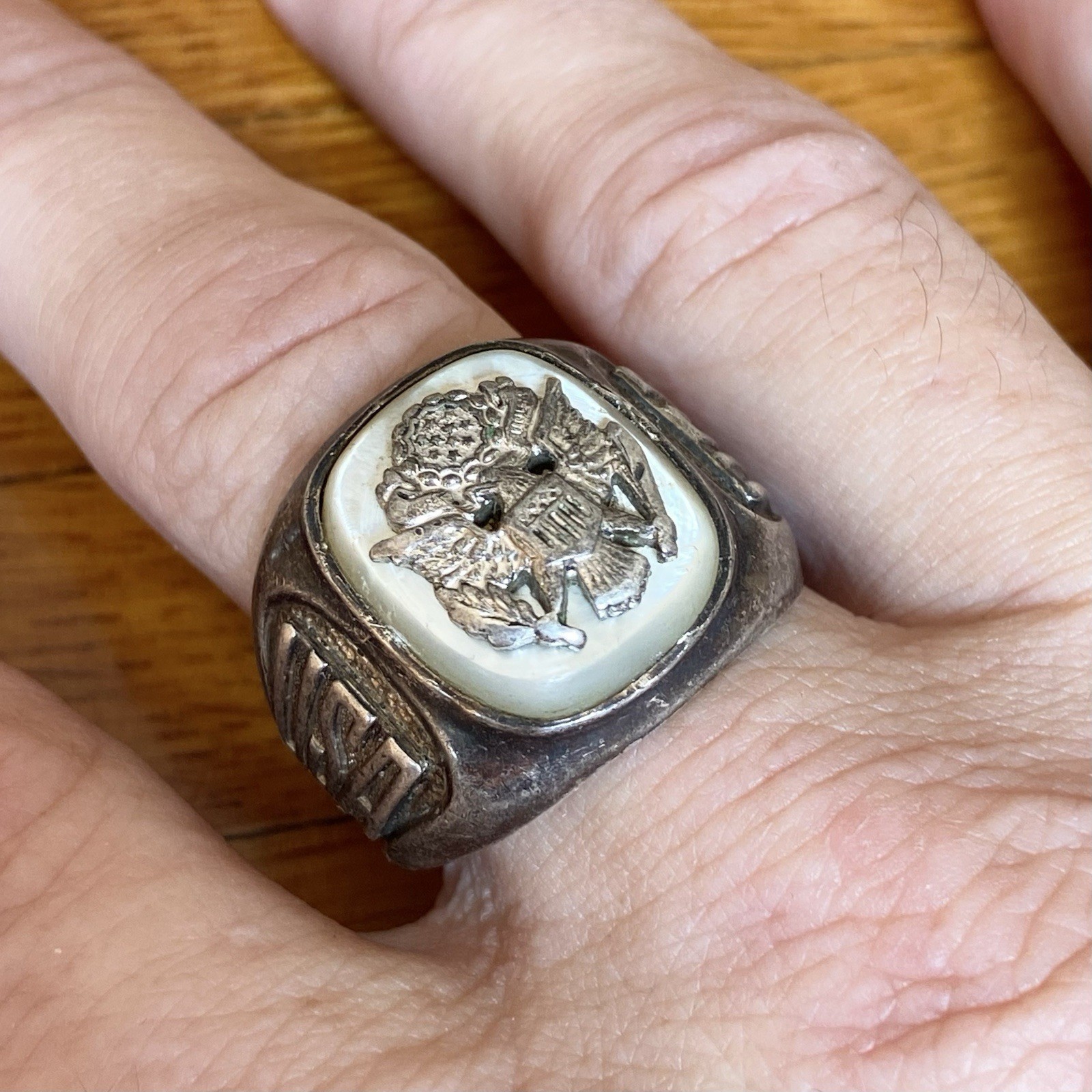 Vtg 40’s C&C Sterling Silver US Army Ring WWII 925 Mother of Pearl sz 10.5 ~READ