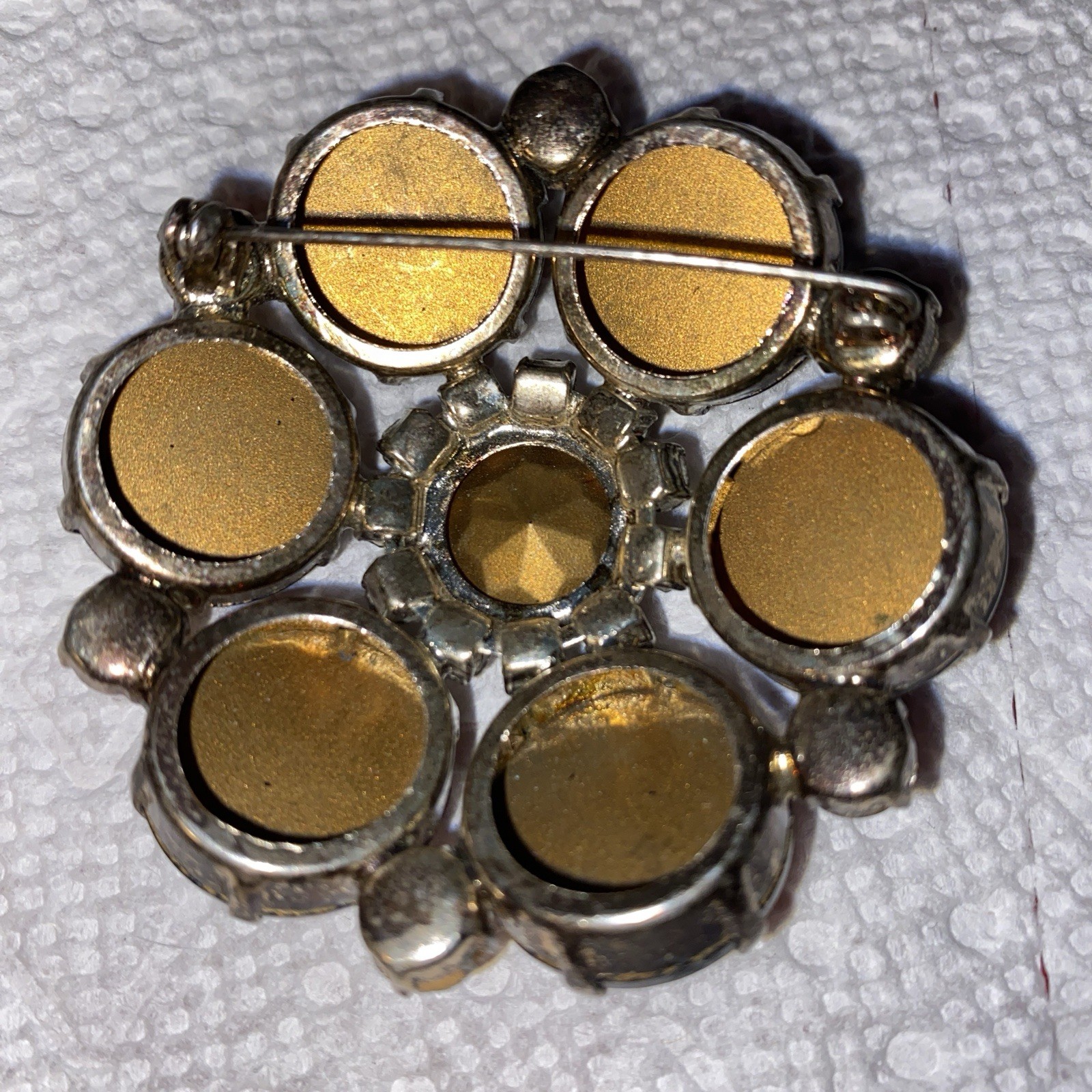 Large Contemporary Goldtone Purple & Clear Rhinestone Brooch 2.5”