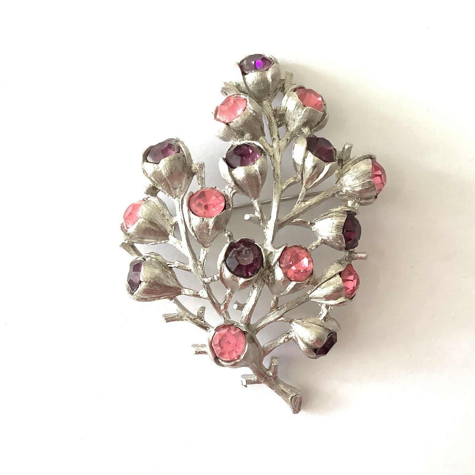 Sarah Coventry 1962 Wisteria Brooch Pink Purple Rhinestone Silver Vintage Pin