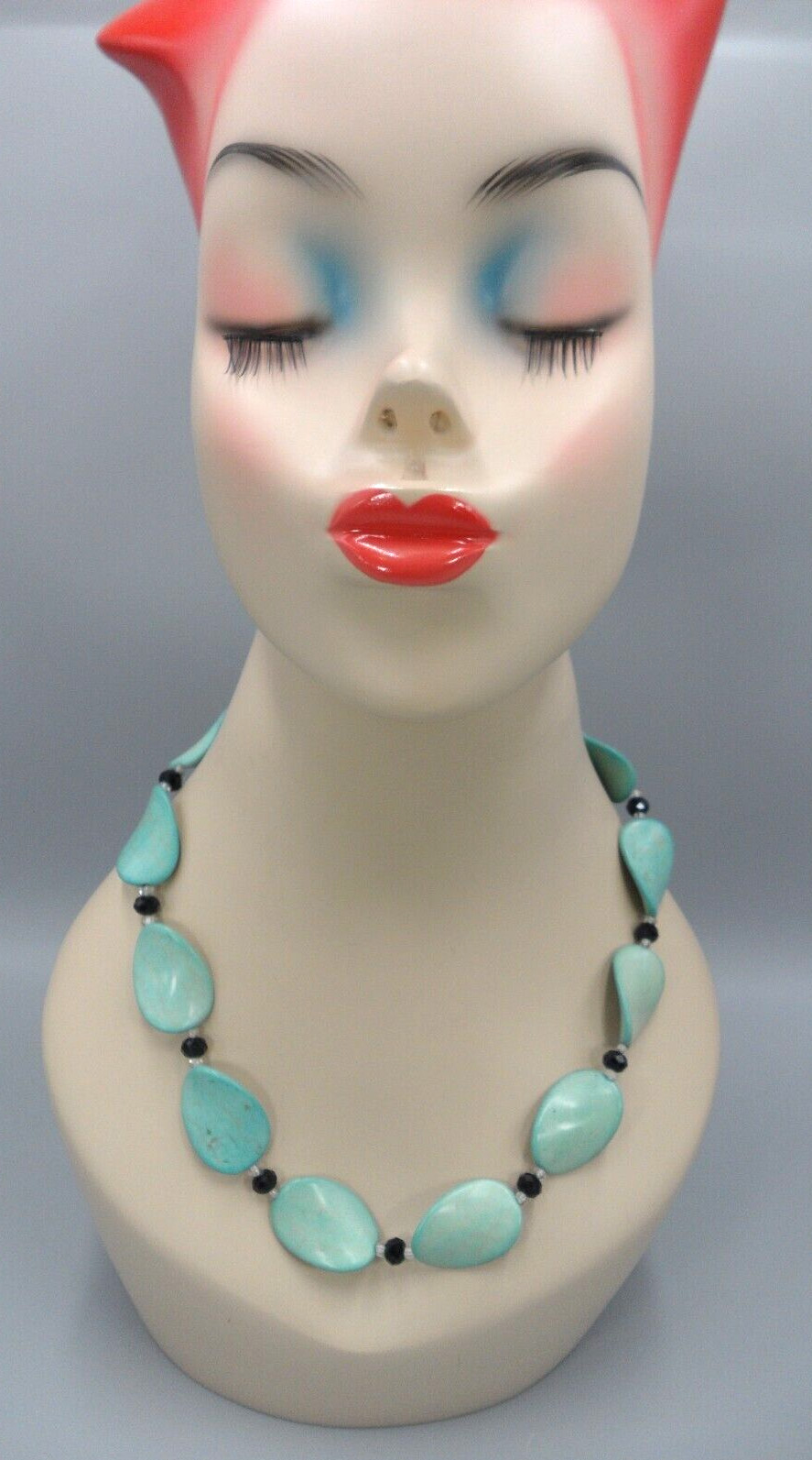 Art Deco Gemstone Collar Necklace Twisted Wavy Turquoise Ovals Glass Beads 22″