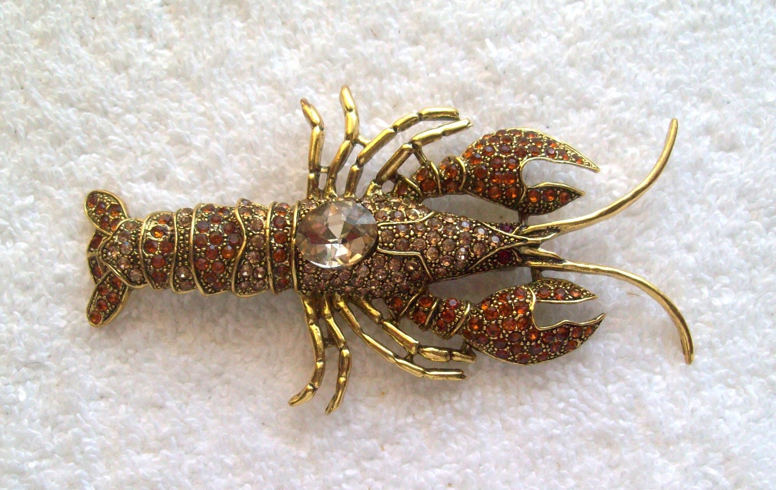 Vintage Large Lt. & Dark Amber Rhinestone Lobster 3.75″ Pin or Brooch