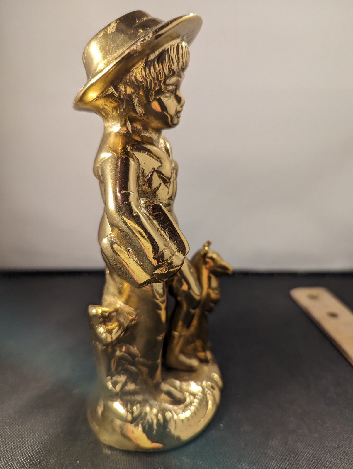 Brass Vtg Boy, Carrying Books, With His Dog By His Side, Statue, Paper Wte