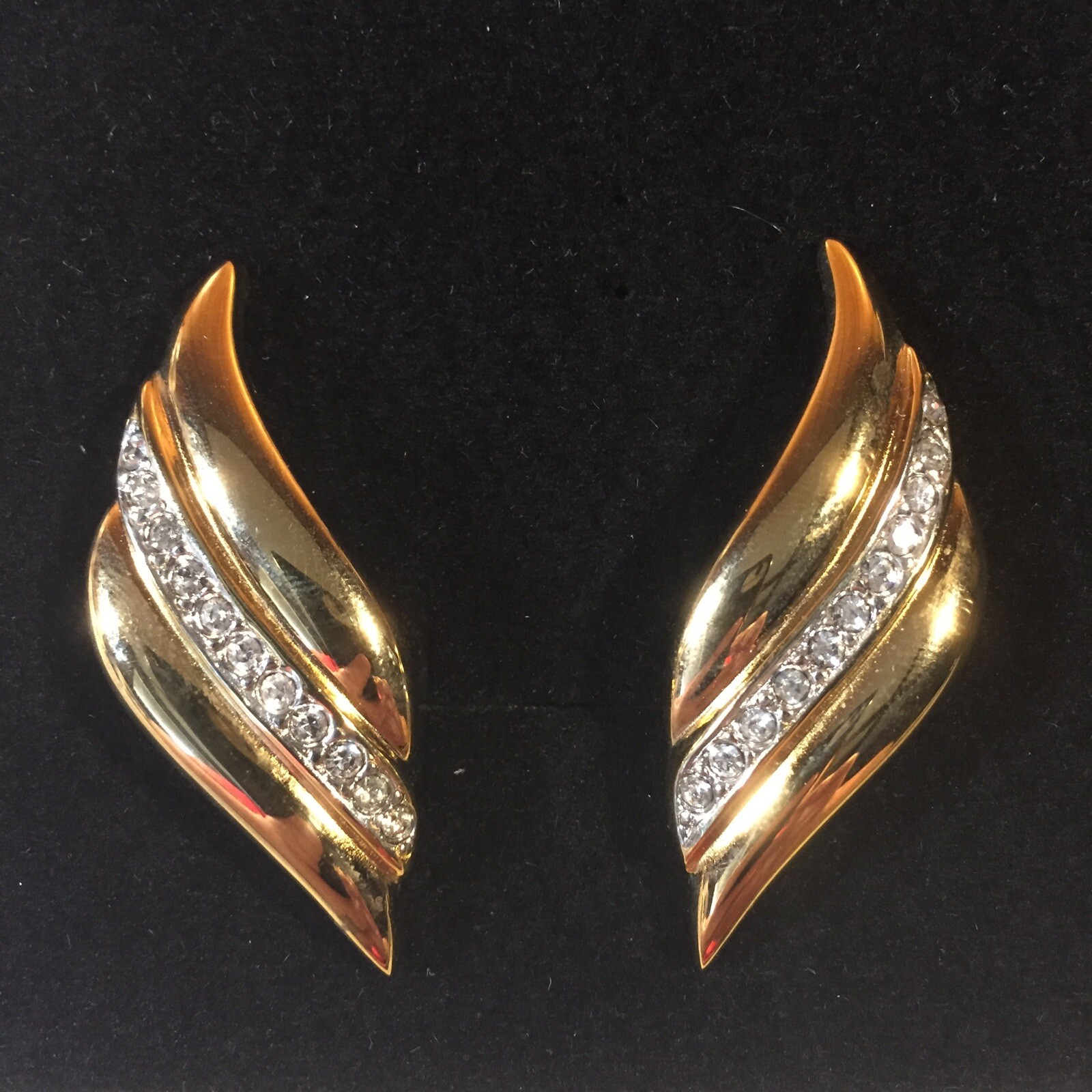 Vintage 1980s Pave Rhinestone Gold Plated Clip On Earrings