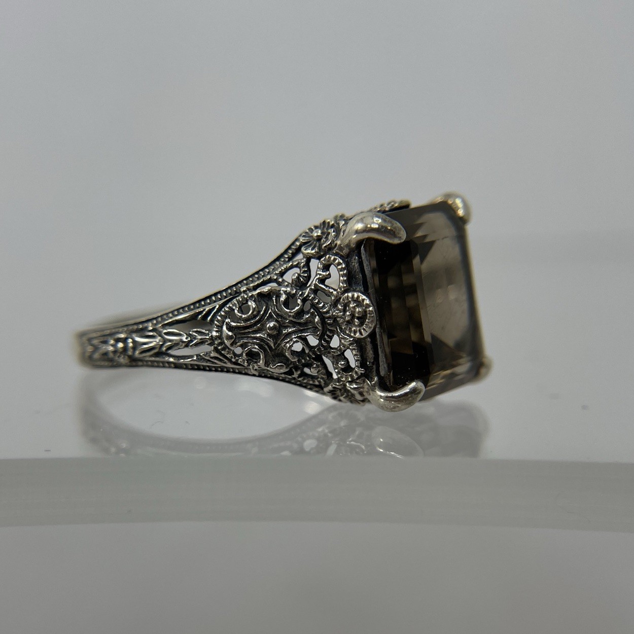Estate Ring Smokey Gray Quartz Sterling Silver Sz 9.5 Baguette Art Nouveau Style