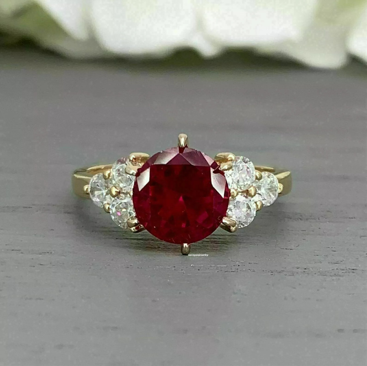2.30 Ct Round Cut Stunning Natural Ruby & Diamond Ring 14K Yellow Gold Ring