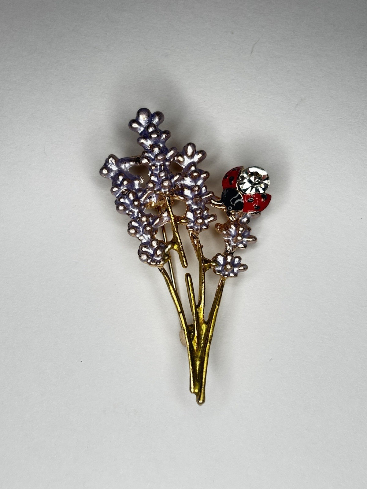 Lavender Flower Brooch Ladybug Rhinestone Gold Tone Floral Garden Pin 2.25”