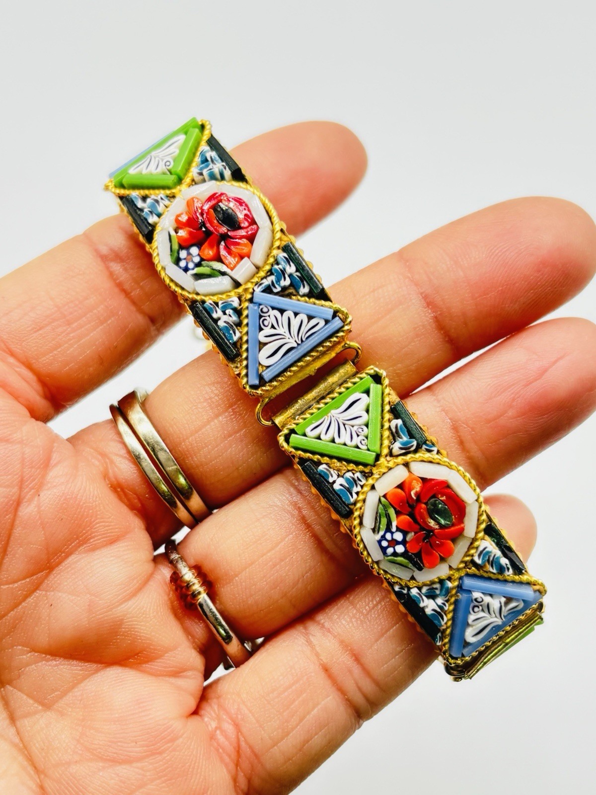 Vtg ITALIAN Mosaic Flower Red Green Yellow Gold Tone Bracelet