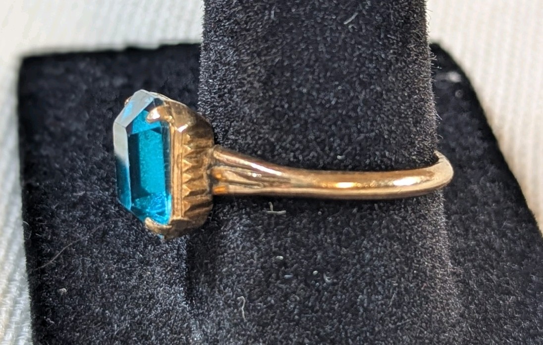 Vintage Teal Emerald Cut Statement Ring Sz 7.5 Art Deco Style Rolled Gold Plated