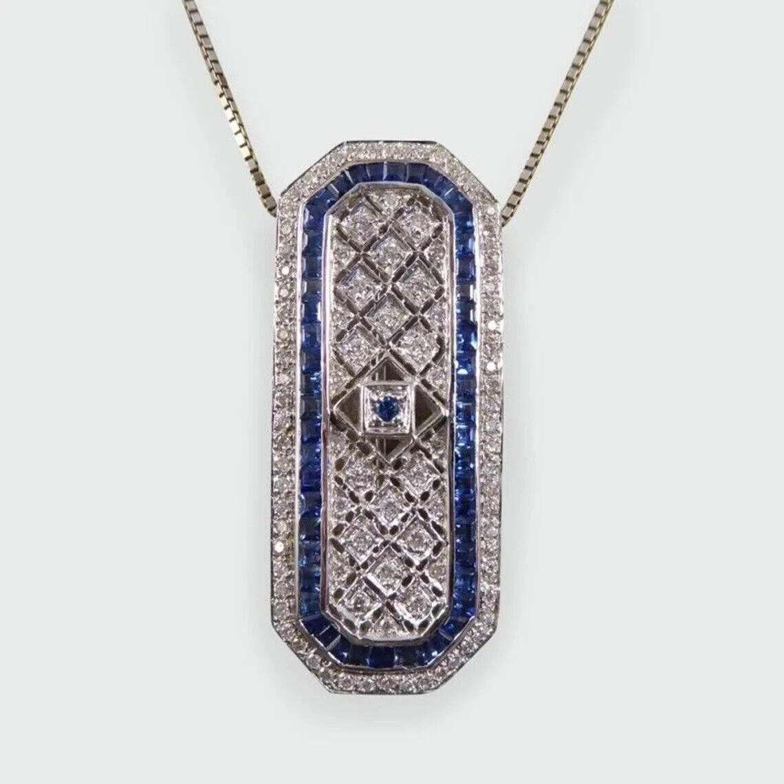 Art Deco Style Lab Created Diamond & Sapphire Wedding 14K White Gold FN Pendant