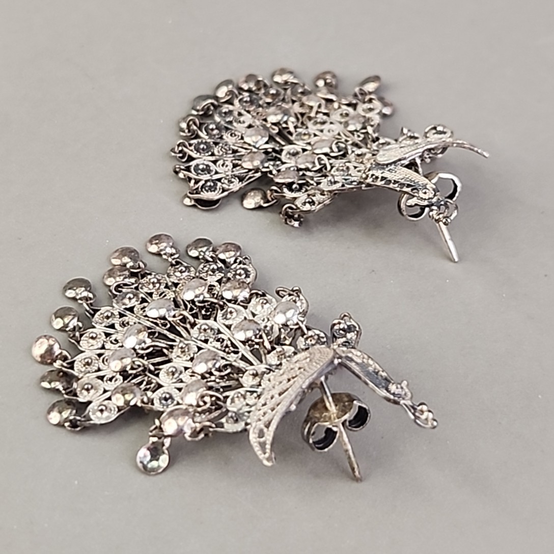 Vintage Sterling Silver Peacock Earrings Cannetille Filigree Articulated Dangles