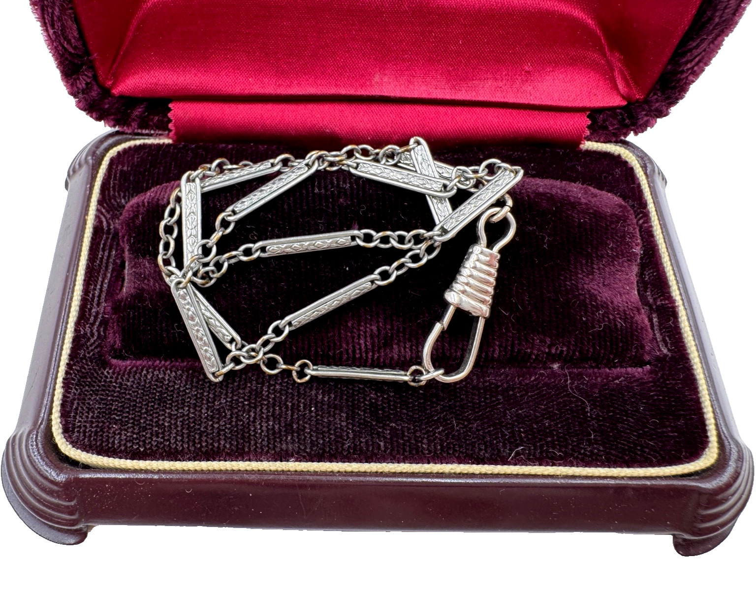 ANTIQUE VICTORIAN WATCH FOB BAR LINKS CHAIN SILVER PLATE 14″ LENGTH W/ DOG CLIP