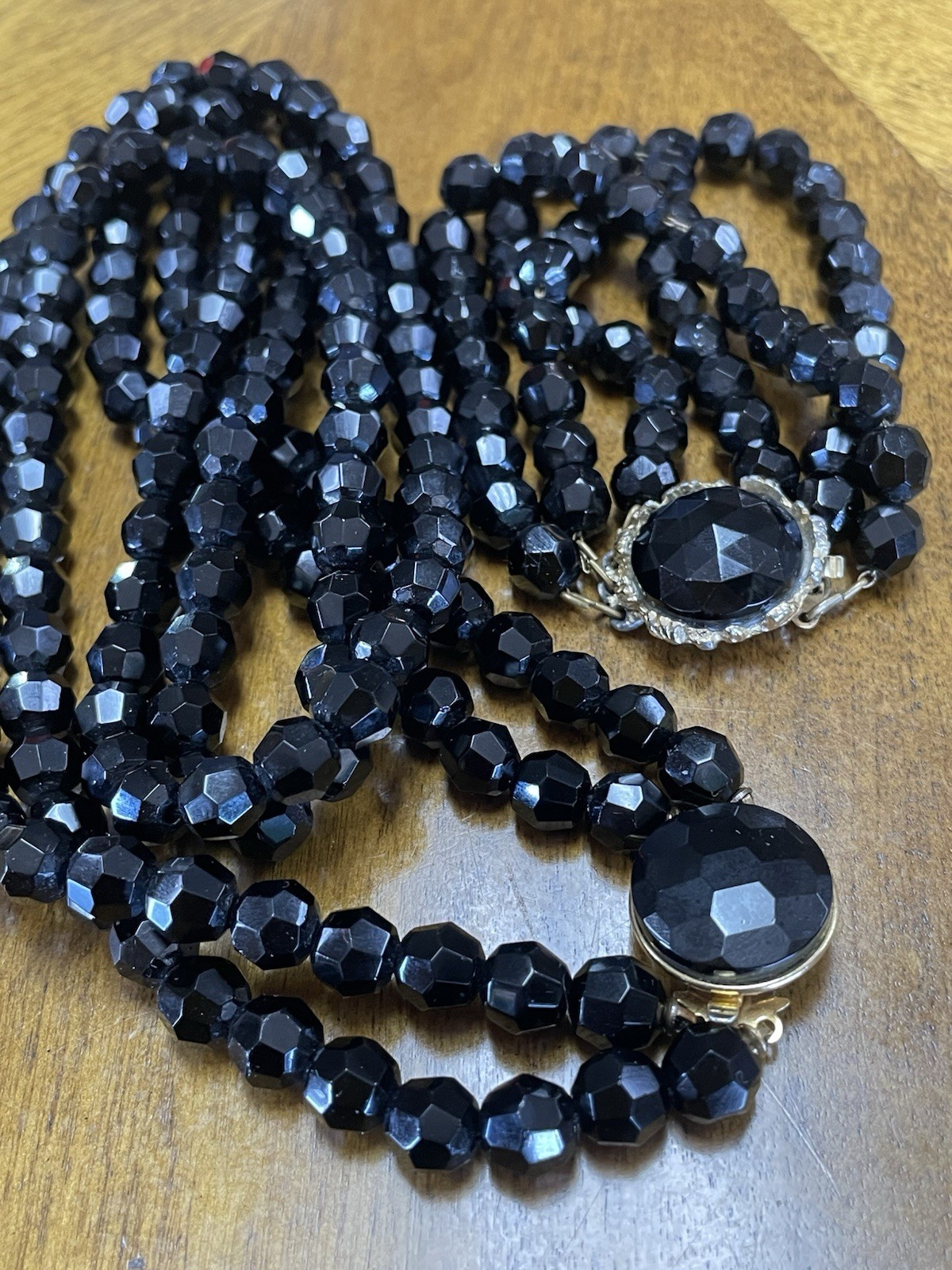 Vintage Black Faceted Glass Bead Necklace & Bracelet. MC. 150g
