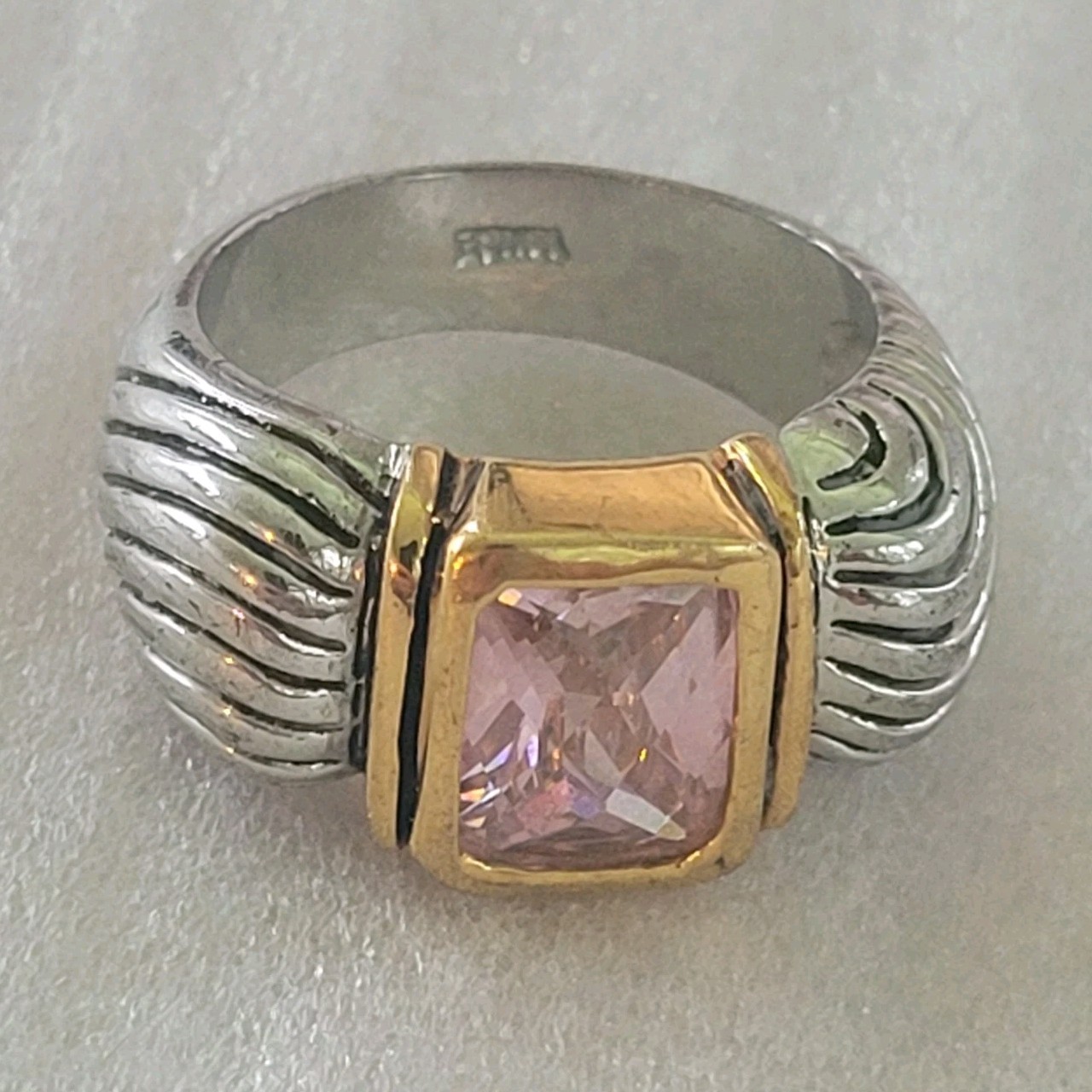 Vintage Two Tone Cable Band Ring 18K GE Pink CZ Size 9.75