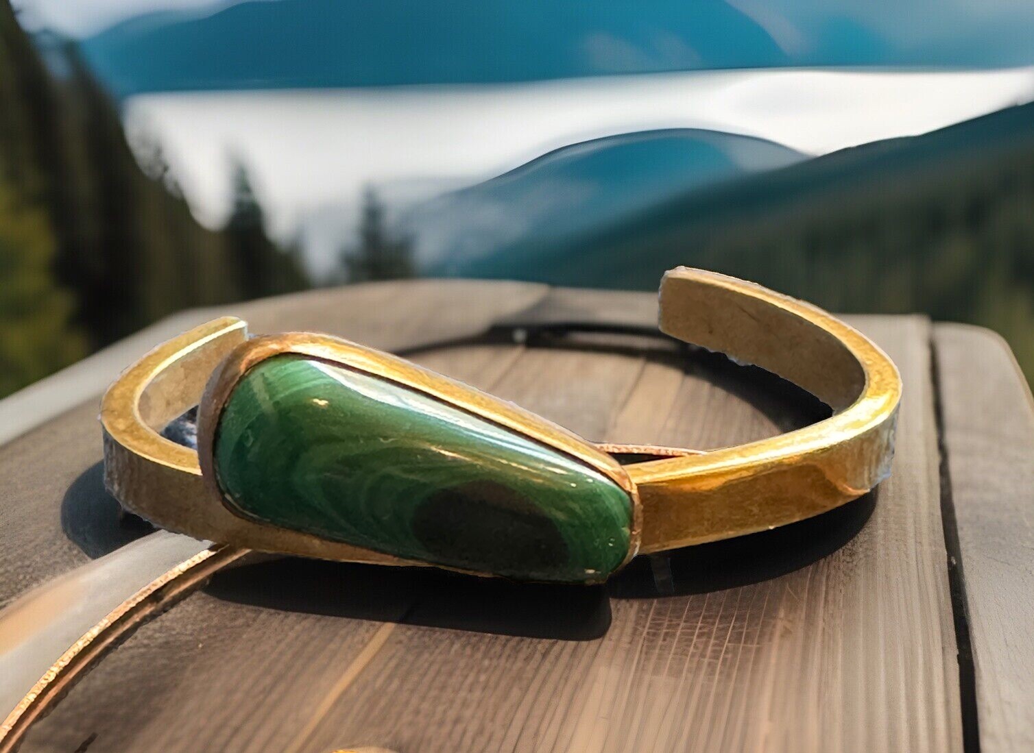 Vintage Malachite & Thick Copper Cuff Bracelet Retro Art Deco Revival Design 30g
