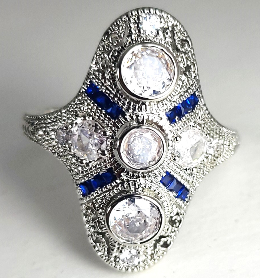 Vintage Art Deco Style Filigree Cubic Zircon Lab Created Engagement Wedding Ring